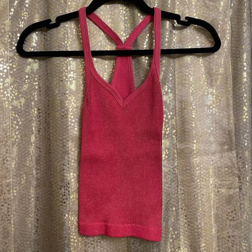 Free People Happiness Runs Lurex Sweetheart Crop Tank Pink Glitter Lovestruck